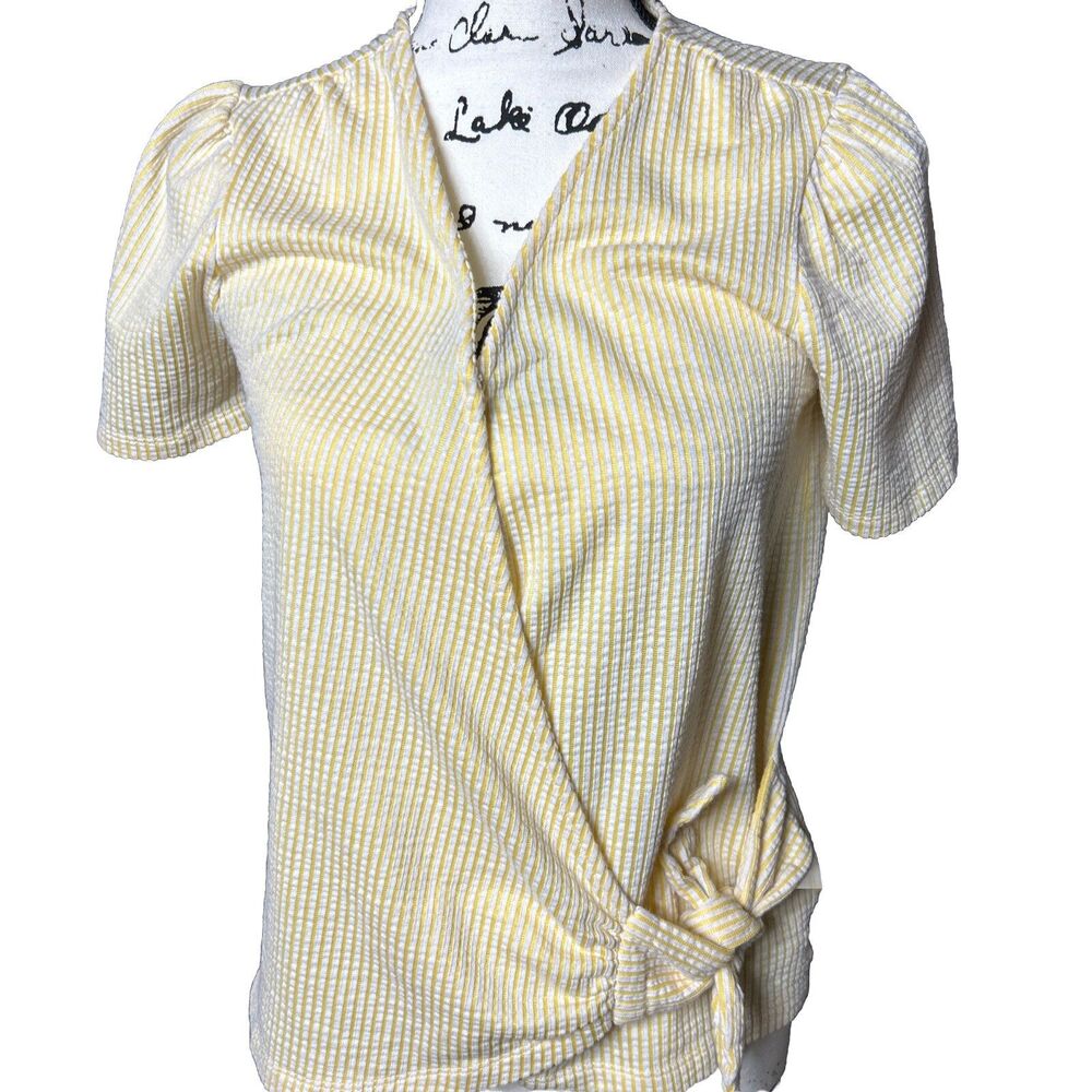 MICHAEL KORS Womens Yellow Tie Hem Short Sleeve Wear To Work Wrap Top XS
